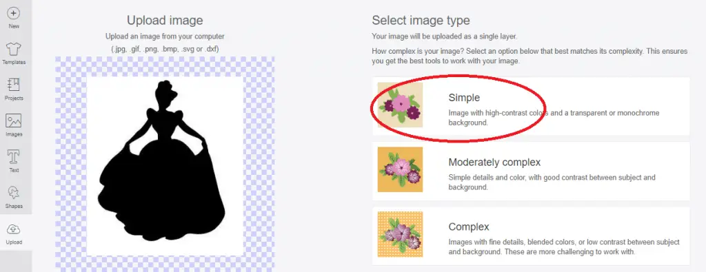 select complexity of image chosen to upload into design space