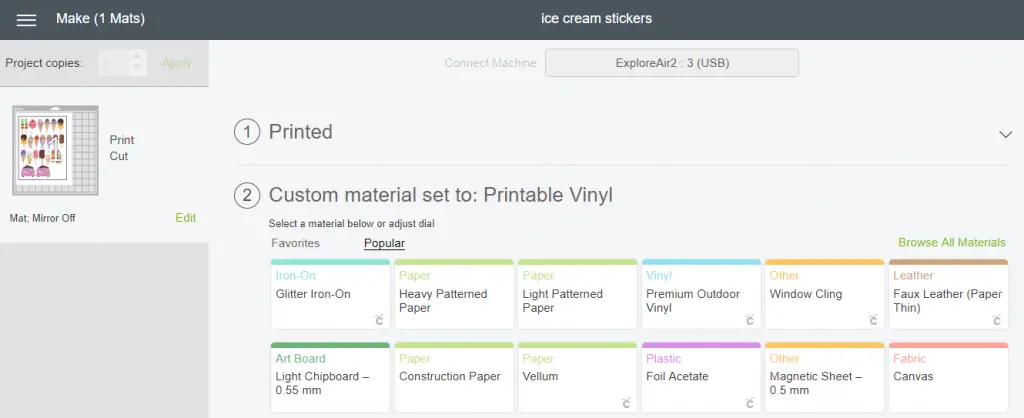 place cricut prinatble vinyl onto the green standard cutting mat