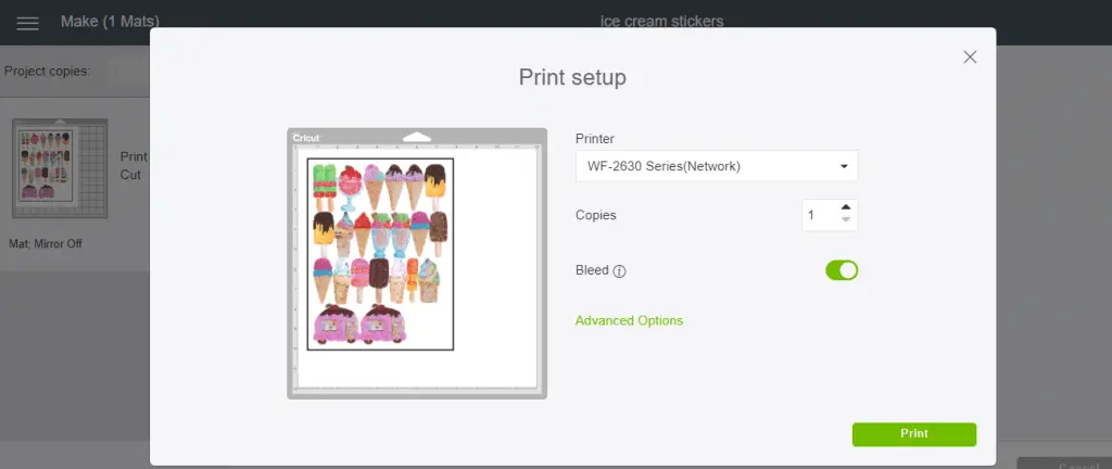 turn bleed on the printer and send to print on Cricut sticker paper