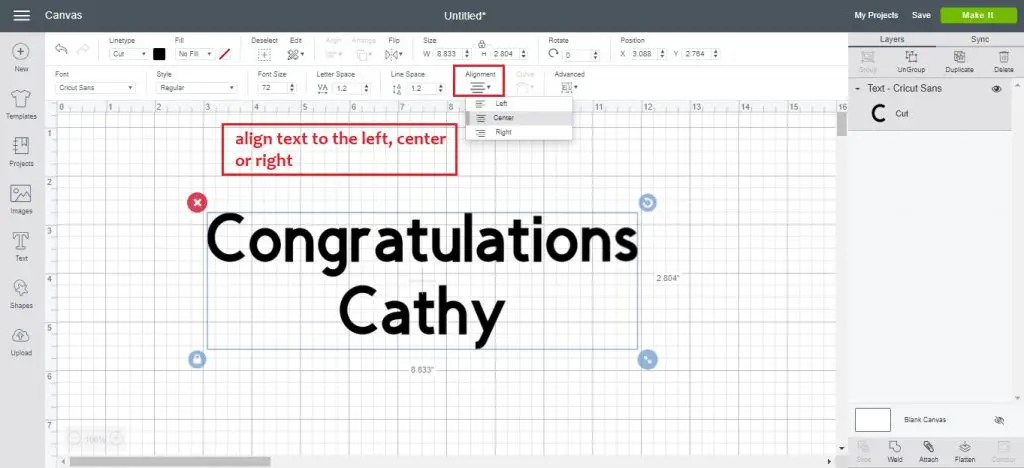 change text alignment in cricut design space