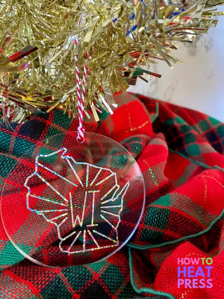 clear ornament with wisconsin state outline in glitter vinyl