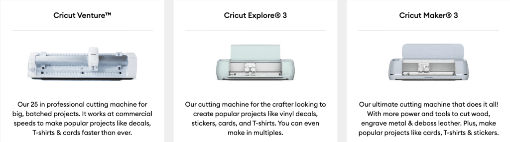 cricut venture, maker, and explore cutting machine comparison chart