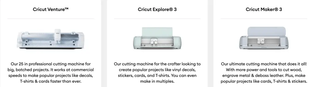 cricut venture, maker, and explore cutting machine comparison chart