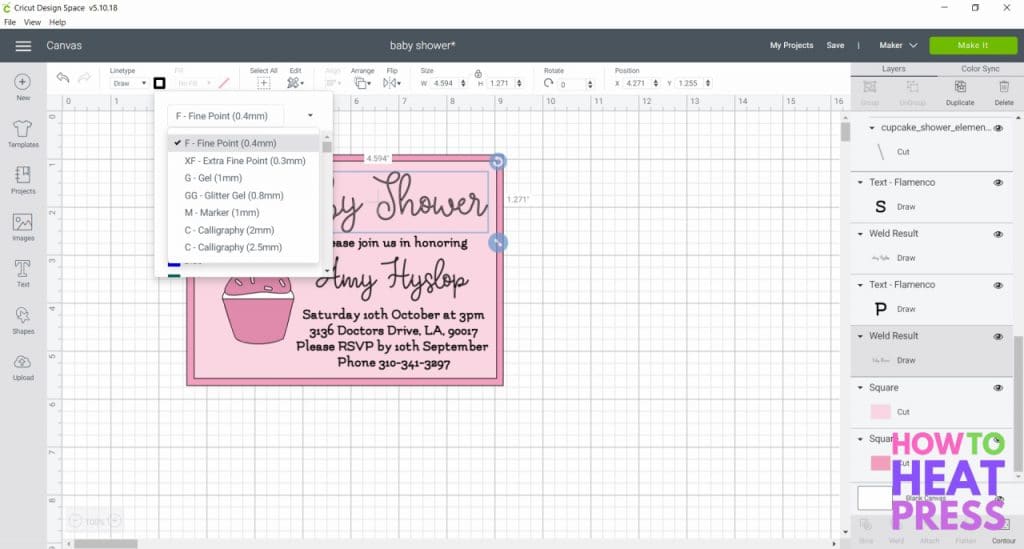 cricut design space screenshot showing how to select pen