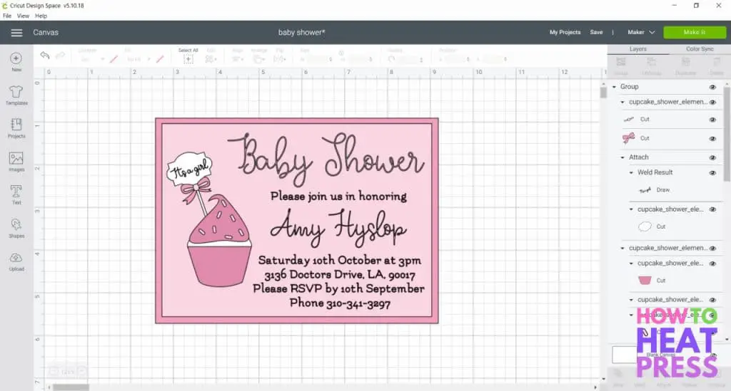 cricut design space screenshot pink baby shower invite using cricut pens