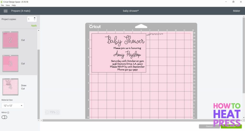 cricut design space mat preview with pink baby shower invite