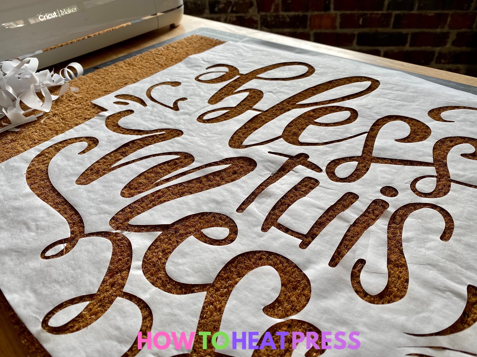 completed 'bless this mess' freezer paper stencil for diy doormat