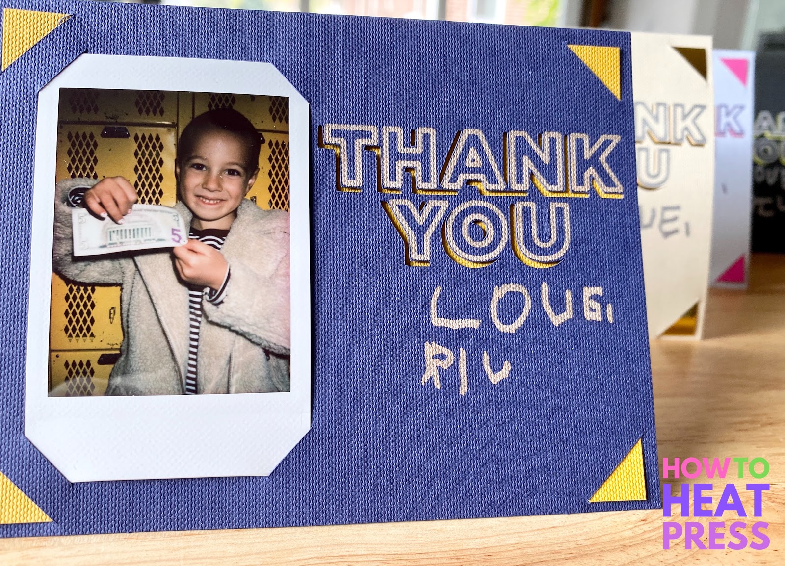 blue diy thank you card with yellow highlights and photo