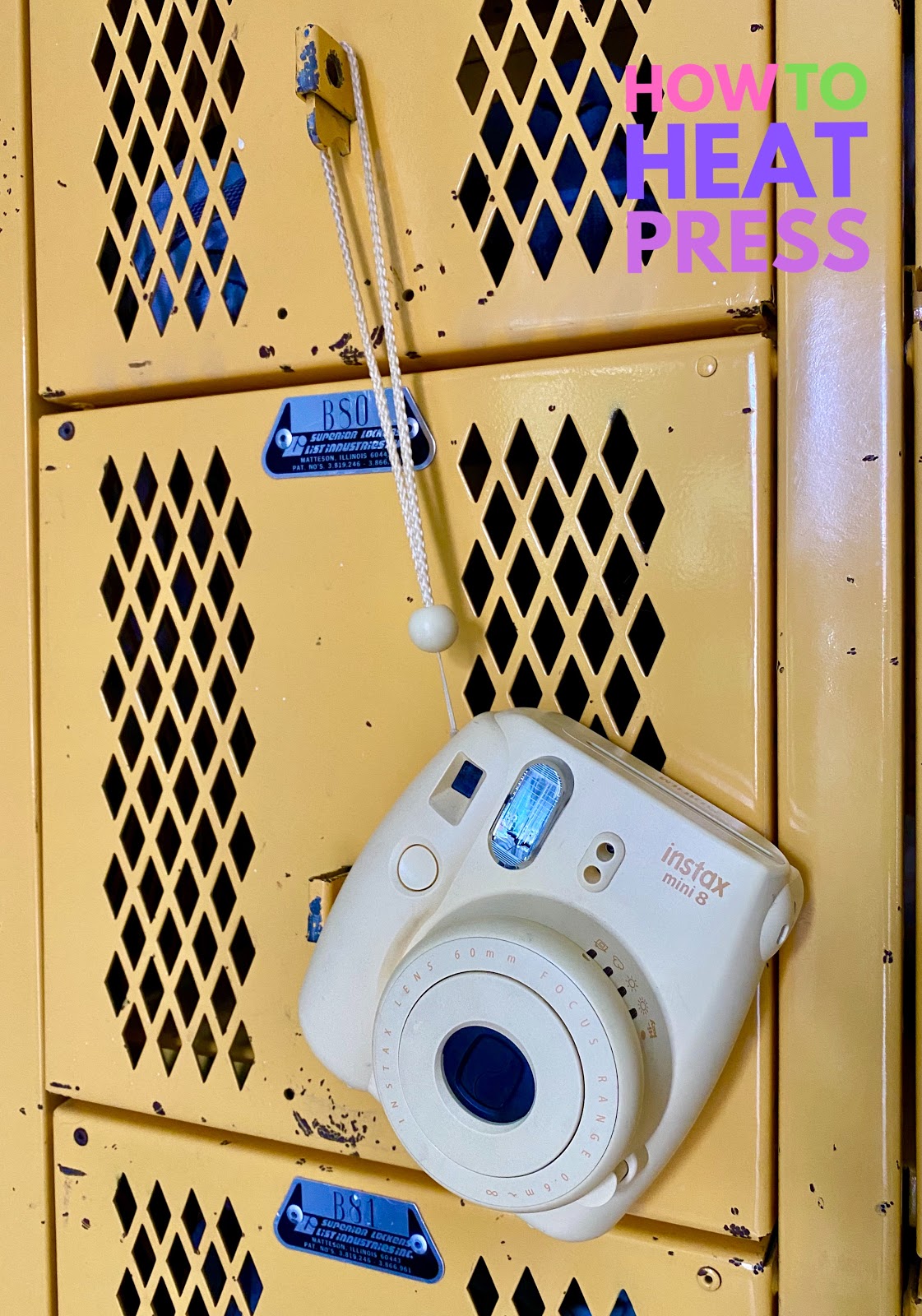 yellow fujifilm instax 8 hanging on yellow locker