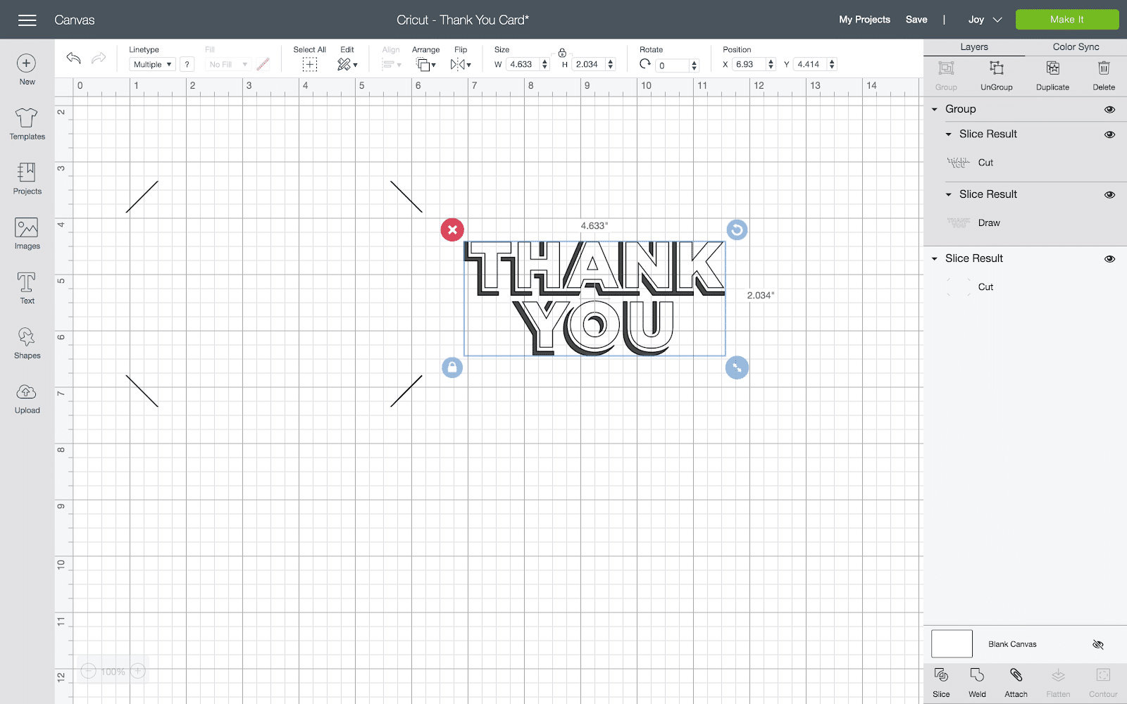 cricut design space black thank you card