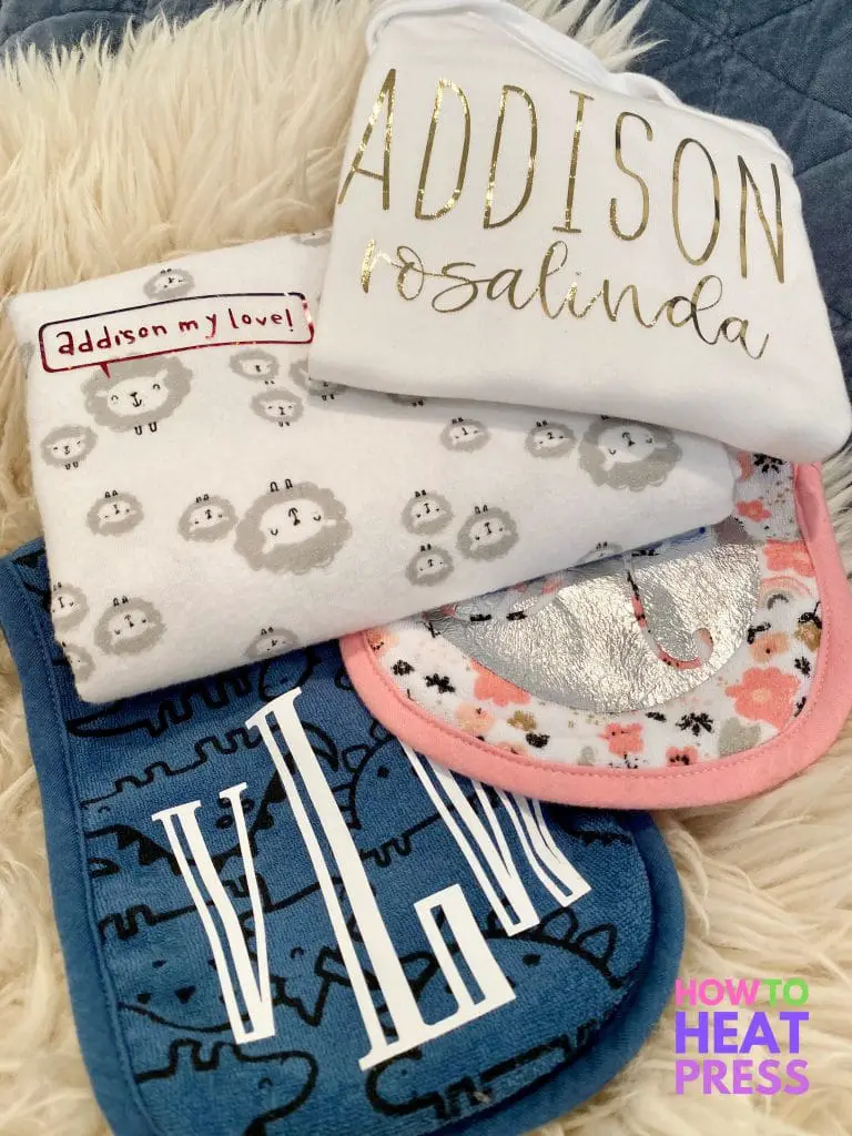 custom cricut baby onesie, burp cloths, and baby blanket with htv