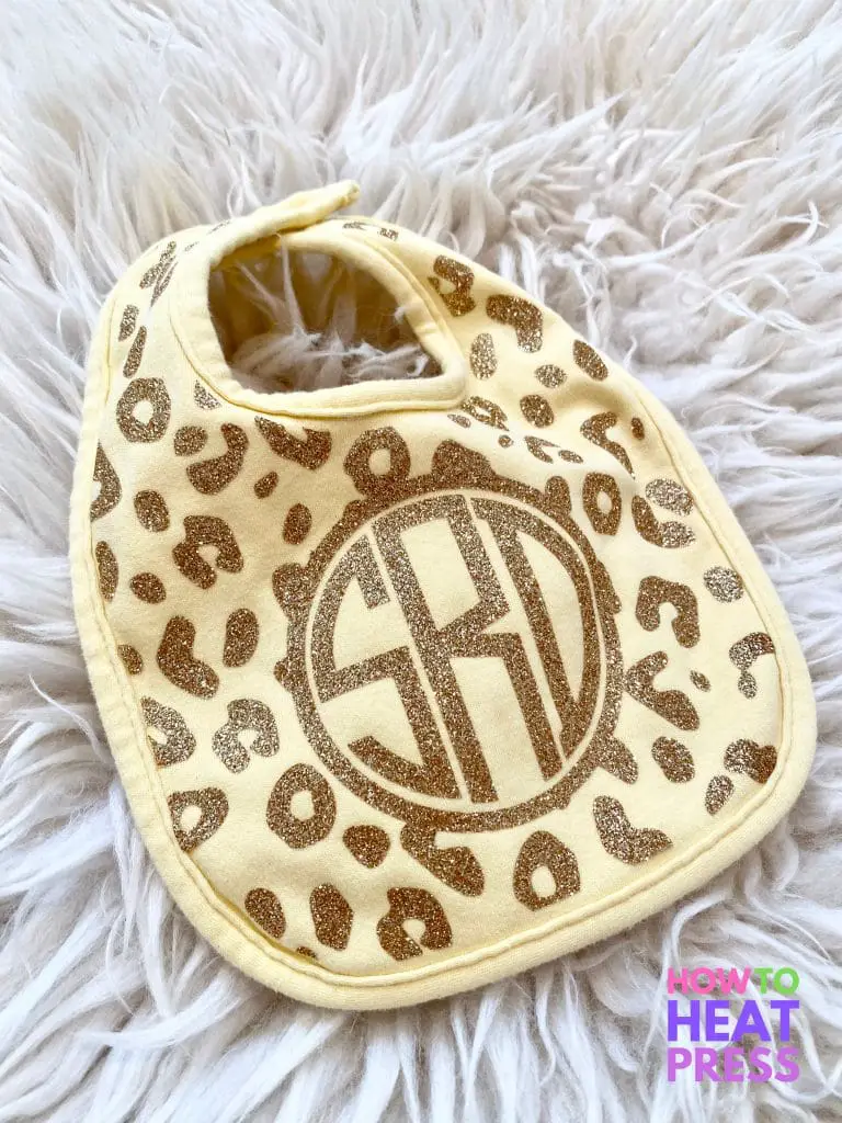 yellow baby bib with leopard print gold monogram design.JPG