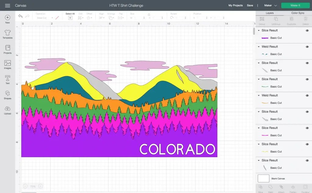 layered trees, mountains, clouds, and snow in bright colors